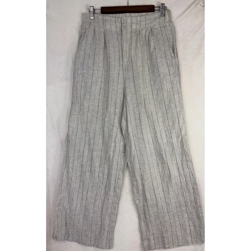 100% LINEN WIDE LEG PANTS Karlie High Rise Trouser Large Beige Pinstripe Neutral - Picture 3 of 12